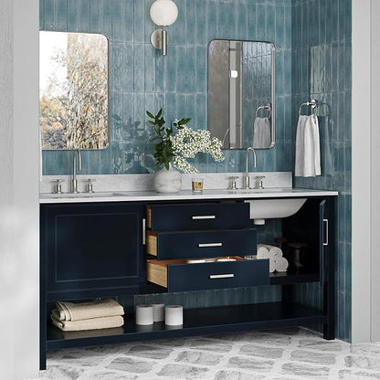ARIEL Bayhill 72-inch Bathroom Vanity with Sink,Solid Wood, 0.75-inch Italian Carrara Marble Countertop, Double Rectangular Porcelain Sink, 2 Soft Closing Doors, 3 Dovetail Drawers, Midnight Blue
