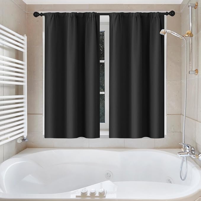 Shower Curtain Set, for Bathroom Decor 72" x 72", Modern Black | Black Waffle Textured Solid Waffle Textured Cloth Waterproof Matching Window Shower Curtain 36 x 30 Inches