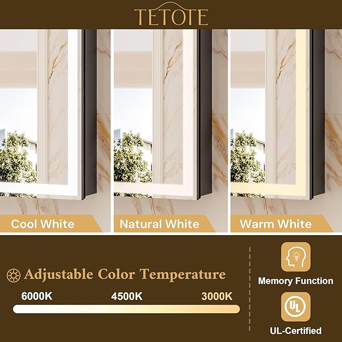 TETOTE 24 x 32 LED Bathroom Medicine Cabinet with Adjustable Shelves, Black Aluminum Cabinet, Anti-Fog Stepless Dimmable 3 Colors White/Warm/Natural, Easy to Install(Wall Mount/Recessed)
