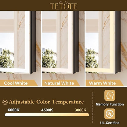 TETOTE 24 x 32 LED Bathroom Medicine Cabinet with Adjustable Shelves, Black Aluminum Cabinet, Anti-Fog Stepless Dimmable 3 Colors White/Warm/Natural, Easy to Install(Wall Mount/Recessed)