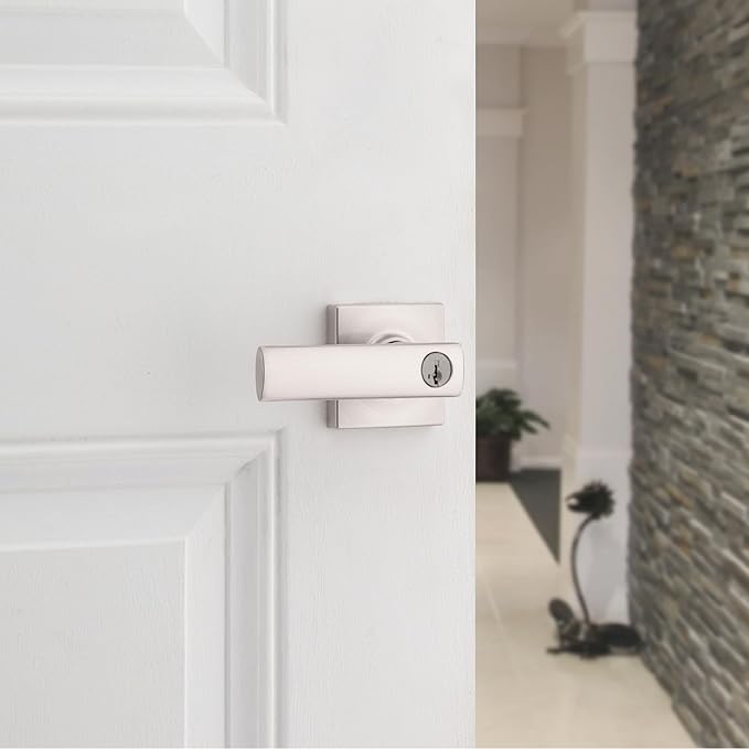 Kwikset Breton Entry Door Handle with Lock and Key, Secure Keyed Reversible Lever Exterior, For Front Entrance and Bedrooms, Satin Nickel , Pick Resistant Smartkey Rekey Security and Microban