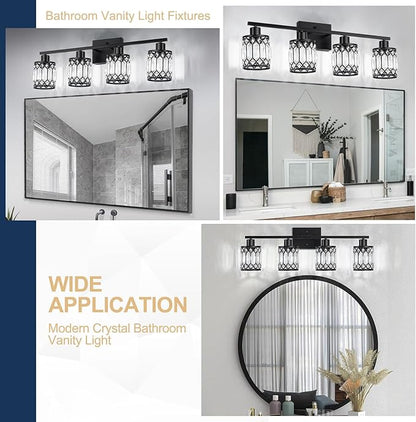Crystal Modern Bathroom Light Fixtures, 4-Light Black Bathroom Vanity Wall Light, Vanity Lights for Mirror, Restroom, Bedroom (E26 Socket, Bulbs Not Included)