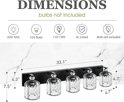 5-Light Black Bathroom Light Fixture Modern Vanity Lights Over Mirror Vintage Wall Sconce Lighting for Bathroom, Bedroom, Living Room, Hallway E26 Base with Crystal Bathroom Vanity Light