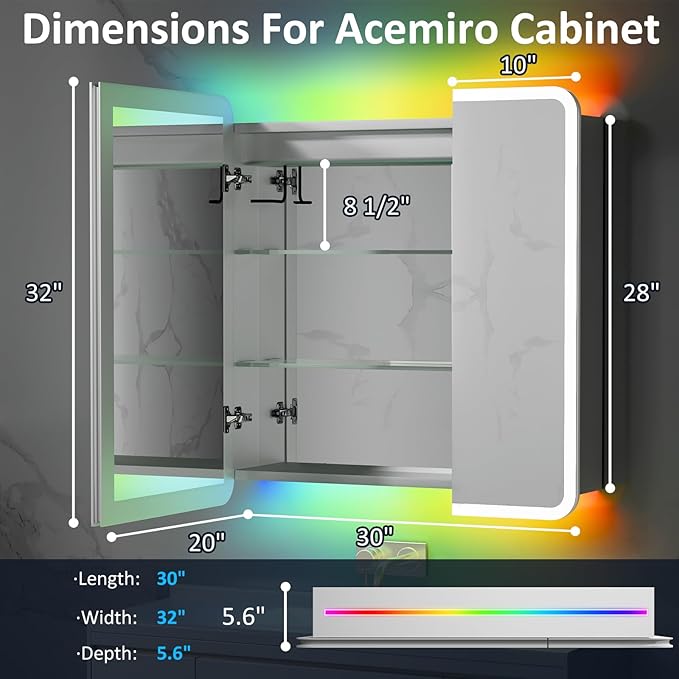 LED Medicine Cabinet with Lights, 30×32 Inch Lighted Medicine Cabinet with Mirror and Adjustable Lights, RGB Multicolor Backlit+3-Color Front Lighted, Defogger, Memory Function, Wall Mounted
