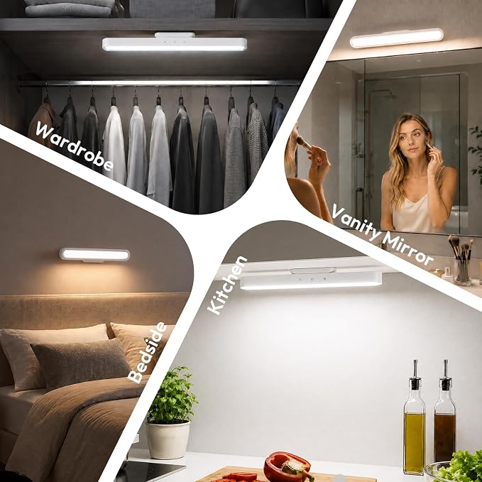 Vanity Makeup Lights for Mirror, 2600mAh Rechargeable LED Stick on Mirror Light, 3 Color Modes Stepless Dimmable Makeup Lights, Magnetic Wireless LED Lights for Bathroom Mirror, Closet (White)