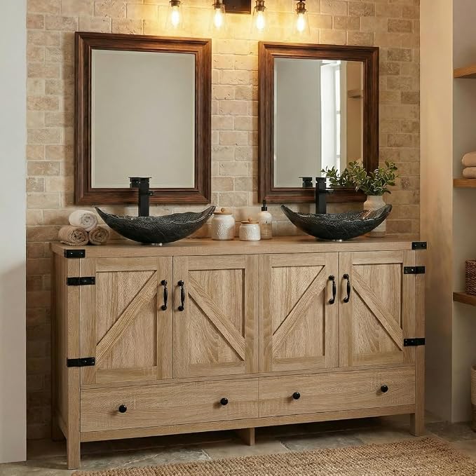 48 inch Natural Color Bathroom Vanity, Rustic Fixture Standing Pedestal Cabinet with Two Silver Leaf Sinks