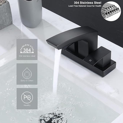 Centerset Bathroom Faucet, Stainless Steel Black Sink Faucet Bathroom with Pop Up Drain and cUPC Supply Hose, 2 Handle 4 inch Center-Set Bathroom Sink Faucet Matte Black 2 Hole