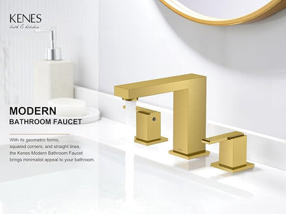 Brushed Gold Widespread Bathroom Faucet 3 Hole Vanity Faucet 2 Handle | Bathroom Sink Faucet with Pop Up Drain & Supply Lines, Lead-Free cUPC & NSF Certified, 8 Inch Faucet for Vanity Restroom Sink