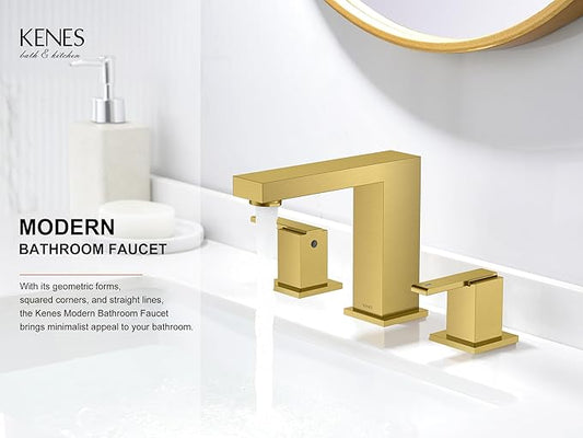 KENES Brushed Gold Widespread Bathroom Faucet 2 Handle Bathroom Sink Faucets 3 Hole, Gold 8-Inch 3 Pieces Vanity Lavatory Faucet with Supply Lines, KE-9050-4