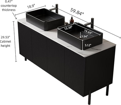 Ambrovina 60" Bathroom Vanity with Double Sink, Freestanding Bathroom Storage Cabinet with 4 Soft-Closing Doors, Rectangular Ceramic Basin and Carrara White Sintered Stone Countertop, Gloss Black