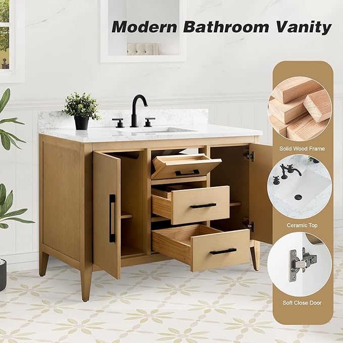 HomeBeyond 48 Inch Bathroom Vanity with Sink & Ceramic Top, Single Vanity Cabinet with Basin, Soft-Closing Doors & Matte Black Hardware, Natural Oak