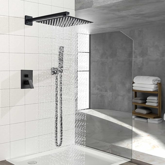 12 Inch Shower Faucet Set,Matte Black Shower System With Handheld | Square Shower Head with Shower Trim Kit And Handheld Shower Valve,Multi-function Rainfall,Rain Shower & Handheld Spray Combo