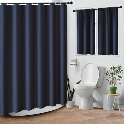 Shower Curtain Set, for Bathroom Decor 72" x 72", Modern Navy | Navy Waffle Textured Solid Waffle Textured Cloth Waterproof Matching Window Shower Curtain 36 x 30 Inches