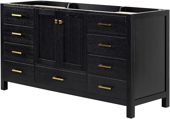 ARIEL Cambridge 66-inch Bathroom Vanity Base Cabinet,Solid Wood, 2 Soft Closing Doors, 9 Dovetail Drawers, Black Oak