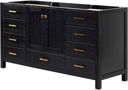 ARIEL Cambridge 66-inch Bathroom Vanity Base Cabinet,Solid Wood, 2 Soft Closing Doors, 9 Dovetail Drawers, Black Oak