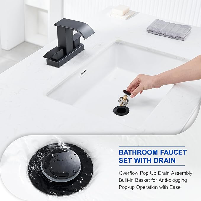 Black Waterfall Bathroom Sink Faucet with Pop up Sink Drain Stopper Overflow for Faucet Vessel, 4 Inch 2 Handles 2 or 3 Holes Centerset Faucet for Lavatory Bathroom Sink with Supply Lines