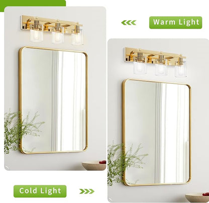 3-Light 21inch Brushed Gold Vanity Light, Thickened Clear Glass | Over Mirror for Bathroom, Rust Resistant, E26 Base, Easy Install, Removable Glass Shade Horizontal Mount, Dimmable