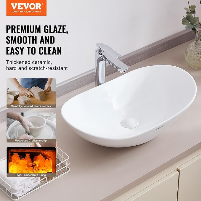 VEVOR Oval Vessel Sink with Bathroom Sink Drain, 23.3" x 14.2" Bathroom Vessel Sink Bowl Countertop, White Ceramic Bathroom Sinks Above Counter,Well-Packaged for Bathroom, Hotel, Toilet, RV