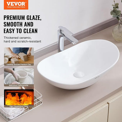 VEVOR Oval Vessel Sink with Bathroom Sink Drain, 23.3" x 14.2" Bathroom Vessel Sink Bowl Countertop, White Ceramic Bathroom Sinks Above Counter,Well-Packaged for Bathroom, Hotel, Toilet, RV