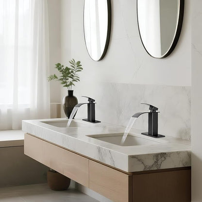 2 Pack Black Bathroom Faucets, Waterfall Bathroom Sink Faucet Modern Single Handle Bathroom Faucte 1 or 3 Hole, RV Mixer Tap Vanity Faucet - Includes Pop-up Drain Supply Hoses Deck Plate