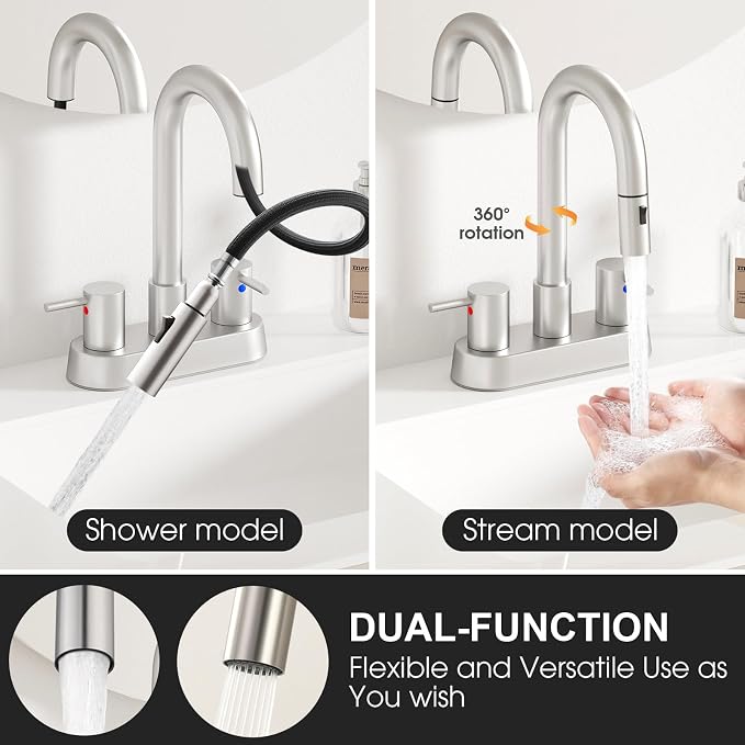 Stainless Steel Brushed Nickel Bathroom Faucet with Pull Out Sprayer, Dual-Function Spout Bathroom Sink Faucets, 4 Inch Two Handle Utility Sink Faucet with Sprayer 3 Hole, Pet Shower, RVs