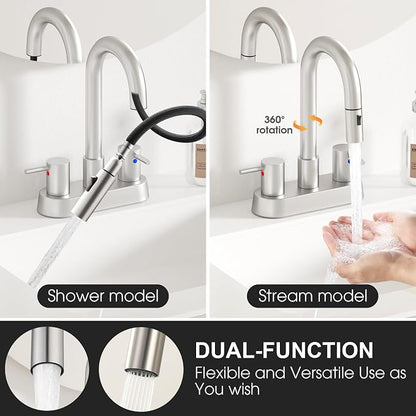 Stainless Steel Brushed Nickel Bathroom Faucet with Pull Out Sprayer, Dual-Function Spout Bathroom Sink Faucets, 4 Inch Two Handle Utility Sink Faucet with Sprayer 3 Hole, Pet Shower, RVs