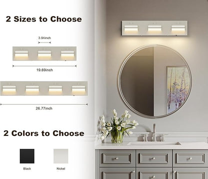 Joossnwell Brushed Nickel Vanity Lights for Bathroom Light Fixtures (3-Light, 19.69-Inch) Dimmable 5CCT Modern Bath Lighing Fixture Over Mirror LED Vanity Lighting