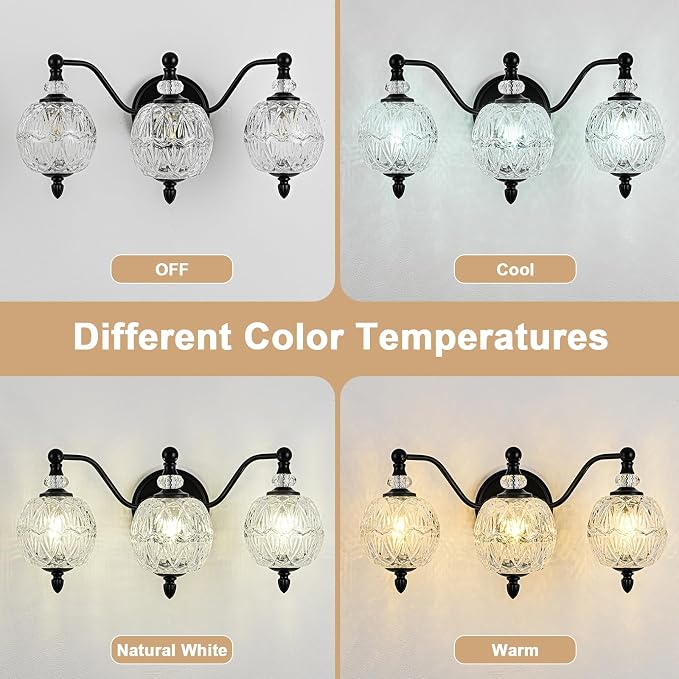 Matte Black Bathroom Vanity Light, 3-Light Mid Century Farmhouse Wall Sconce with Globe Glass Shades, Retro Mirror Light for Bathroom, Powder Room