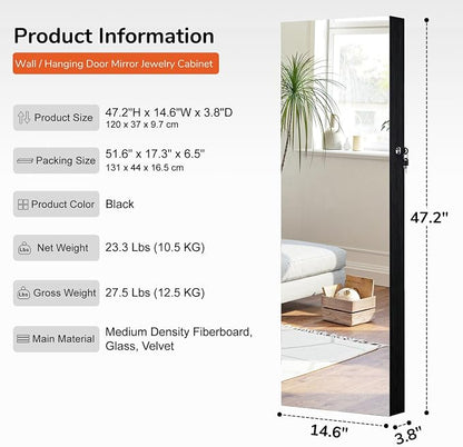 GISSAR Full Length Mirror Jewelry Cabinet, 6 LEDs Jewelry Armoire Wall Mounted Over The Door Hanging, Jewelry Organizer Storage with Lights Lockable, Black, 14.6" x 47.2"