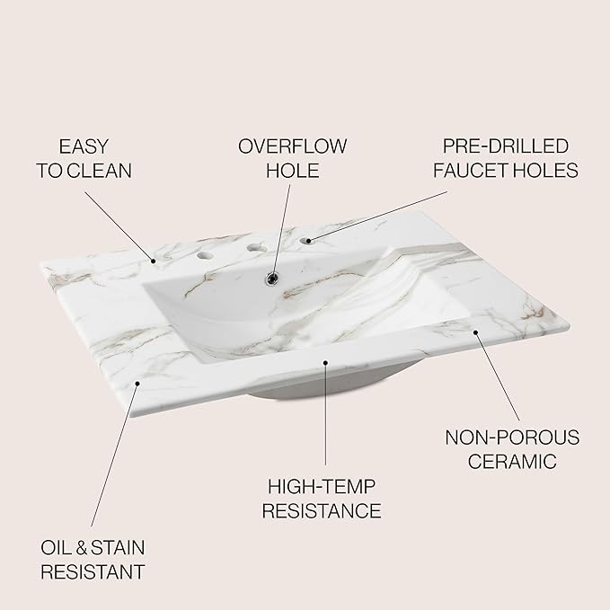 JONATHAN Y SNK1002C Ancillary 3-Hole 30 in. W x 18.25 in. D Classic Contemporary Rectangular Ceramic Single Sink Basin Vanity Top, White Marble Effect
