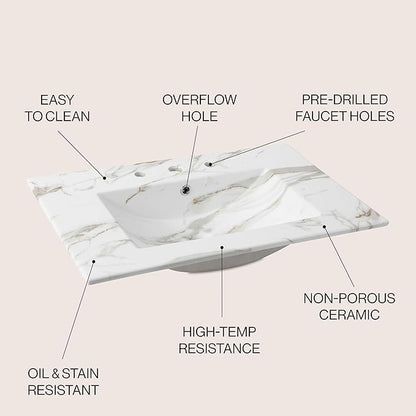 JONATHAN Y SNK1002C Ancillary 3-Hole 30 in. W x 18.25 in. D Classic Contemporary Rectangular Ceramic Single Sink Basin Vanity Top, White Marble Effect
