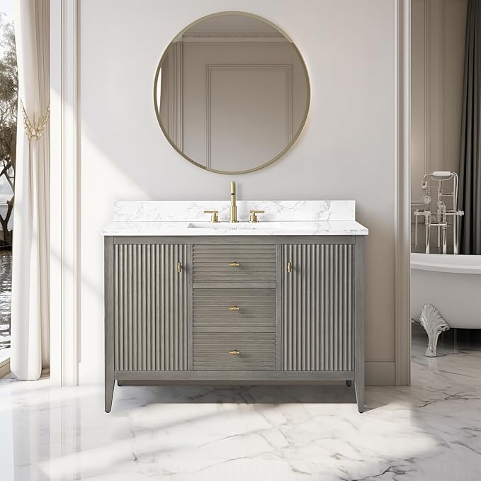 Vanity Art 48 inch Bathroom Vanity with Single Sink & Ceramic Top, Vanity Cabinet with Soft-Closing Door, Solid Wood Frame, Linear Pattern, Driftwood Gray, Golden Brushed Handware VA9148-DG-GB