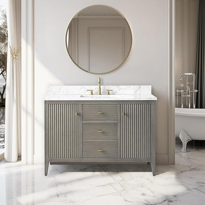 Vanity Art 48 inch Bathroom Vanity with Single Sink & Ceramic Top, Vanity Cabinet with Soft-Closing Door, Solid Wood Frame, Linear Pattern, Driftwood Gray, Golden Brushed Handware VA9148-DG-GB
