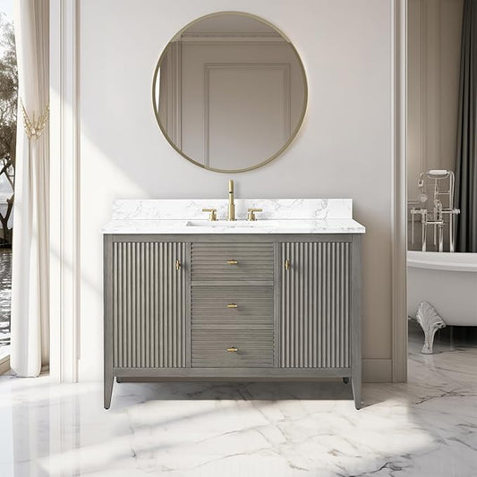 Vanity Art 48 inch Bathroom Vanity with Single Sink & Ceramic Top, Vanity Cabinet with Soft-Closing Door, Solid Wood Frame, Linear Pattern, Driftwood Gray, Golden Brushed Handware VA9148-DG-GB