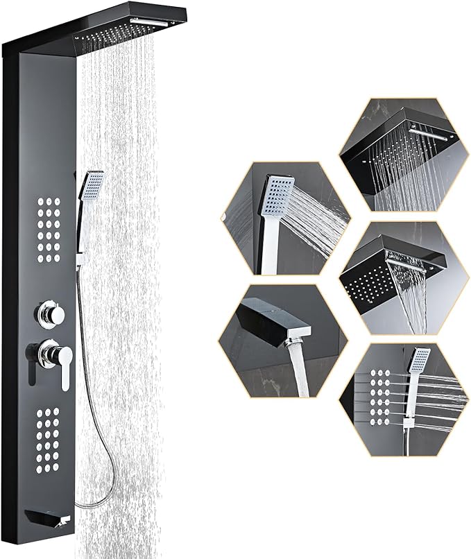 5-in-1 Shower Panel Tower System - Brushed Black | 304 stainless steel Shower Panel Tower Column with Powerful Body Jets, Rainfall, Waterfall,Handheld and Tub Spout
