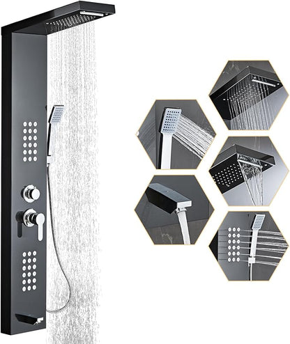5-in-1 Shower Panel Tower System - Brushed Black | 304 stainless steel Shower Panel Tower Column with Powerful Body Jets, Rainfall, Waterfall,Handheld and Tub Spout