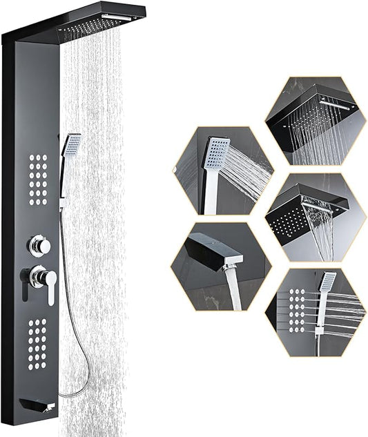 5-in-1 Shower Panel Tower System - Brushed Black | 304 stainless steel Shower Panel Tower Column with Powerful Body Jets, Rainfall, Waterfall,Handheld and Tub Spout