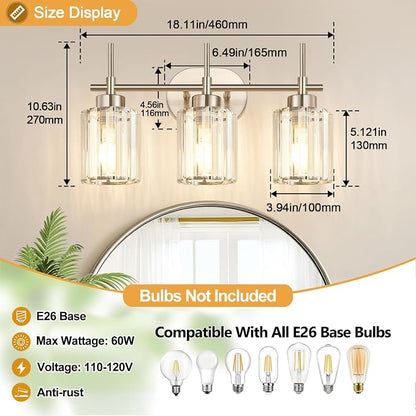 3-Light Bathroom Vanity Light Fixture, Brushed Nickel Bathroom Light with K9 Clear Crystal Shades, Modern Wall Sconce Lighting for Bathroom Mirror, Bedroom, Hallway