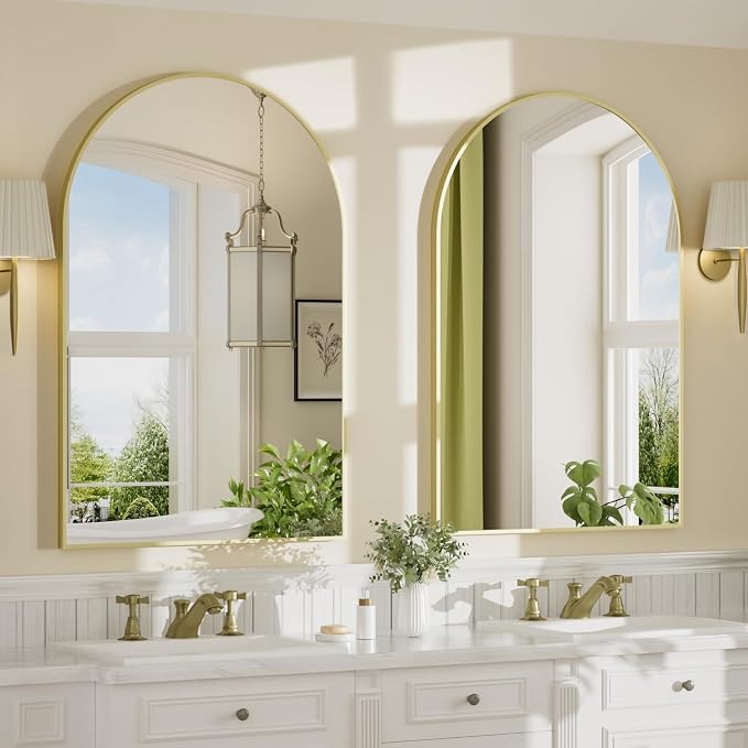 22"x30" Brushed Gold Arched Vanity Bathroom Mirror, Set of 2 | Aluminum Alloy Frame, Clear Reflection, Rust-Resistant, Vertical or Horizontal, Wall Mount, Bedroom and Entryway