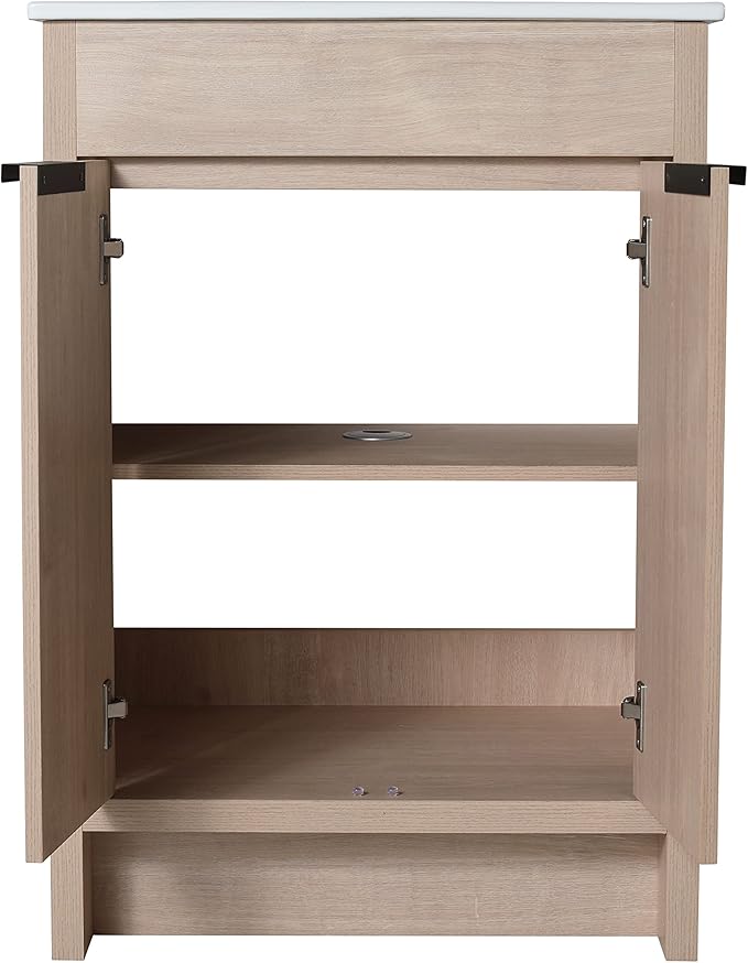 SSLine 24-Inch Bathroom Vanity with Sink Mid-Century Bathroom Vanities with Top Basin Floor Wood Bathroom Sink Cabinet with Soft-Close Doors & Adjustable Storage Shelves (Light Oak)