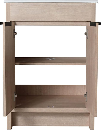 SSLine 24-Inch Bathroom Vanity with Sink Mid-Century Bathroom Vanities with Top Basin Floor Wood Bathroom Sink Cabinet with Soft-Close Doors & Adjustable Storage Shelves (Light Oak)