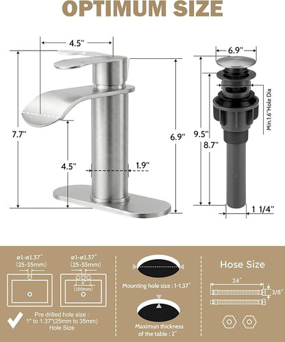 WOWOW Brushed Nickel Bathroom Faucet:Single Hole Waterfall Bathroom Faucets Sink with cUPC Supply Lines and Pop Up Drain,Modern Single Handle Bathroom Faucet 1 Hole for Countertop,Bathroom Sink Faucet