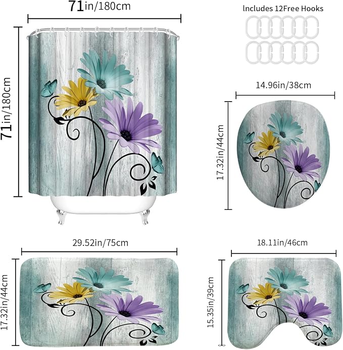 Onalasyc 4PCS Blue Green Daisy Bathroom Sets with Shower Curtain and Rugs | Country Floral Butterfly Shower Curtain Set,Modern Bathroom Decor Shower Curtains Set with Rugs Toilet Lid Cover and 12 Hooks