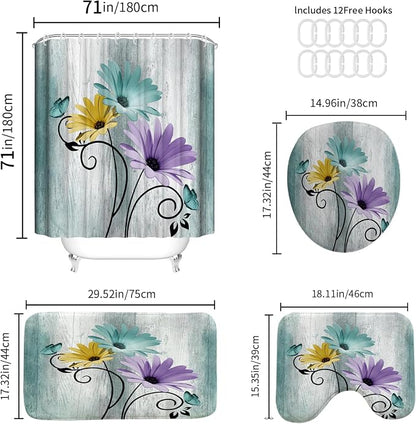 Onalasyc 4PCS Blue Green Daisy Bathroom Sets with Shower Curtain and Rugs | Country Floral Butterfly Shower Curtain Set,Modern Bathroom Decor Shower Curtains Set with Rugs Toilet Lid Cover and 12 Hooks