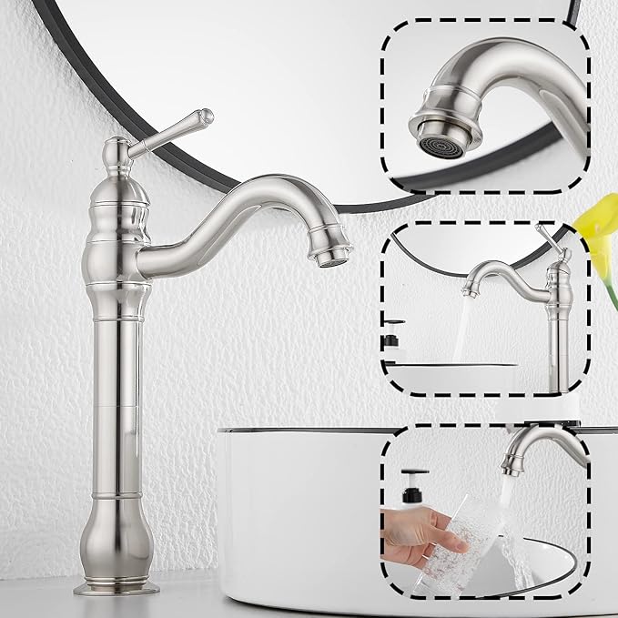GGStudy 360° Swivel Single Handle One Hole Bathroom Vessel Sink Faucet Matching Pop Up Drain Without Overflow Brushed Nickel