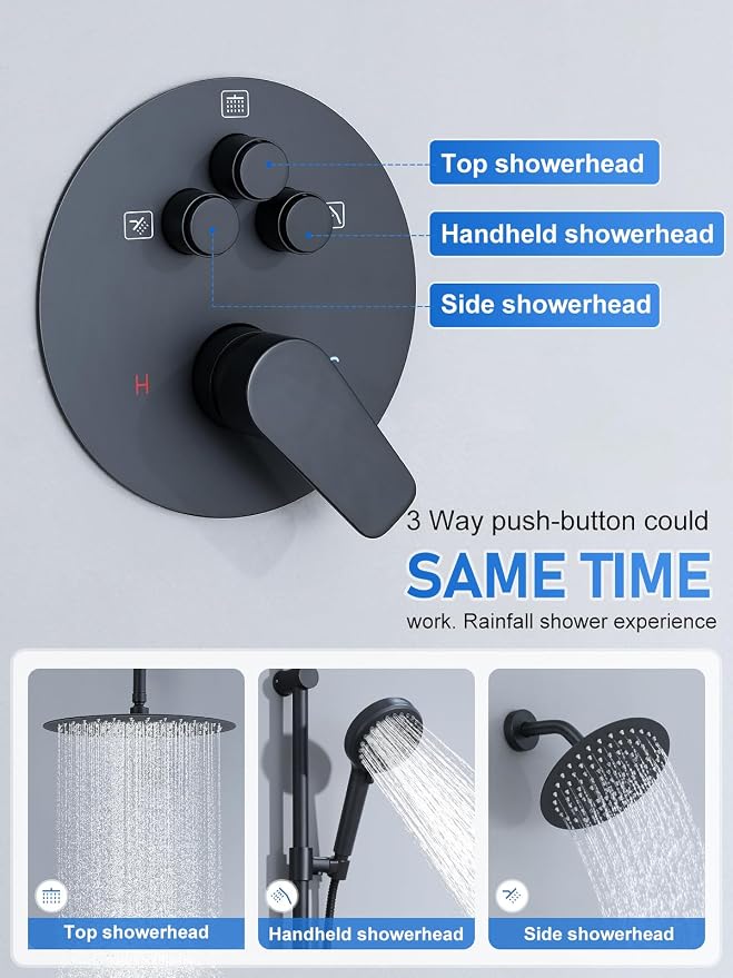 Woindo Shower Faucet Set with Slide Bar, 12" Rain Shower Head/8'' Side Shower Head and 10 Setting Handheld Ceiling Mount 3 Push Button Diverter Complete Rainfall Shower System Included Valve Trim Kit