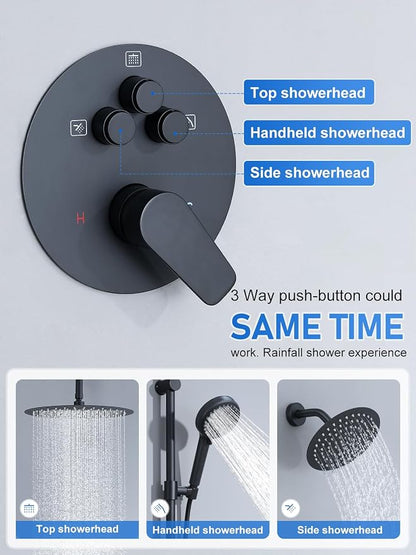 Woindo Shower Faucet Set with Slide Bar, 12" Rain Shower Head/8'' Side Shower Head and 10 Setting Handheld Ceiling Mount 3 Push Button Diverter Complete Rainfall Shower System Included Valve Trim Kit