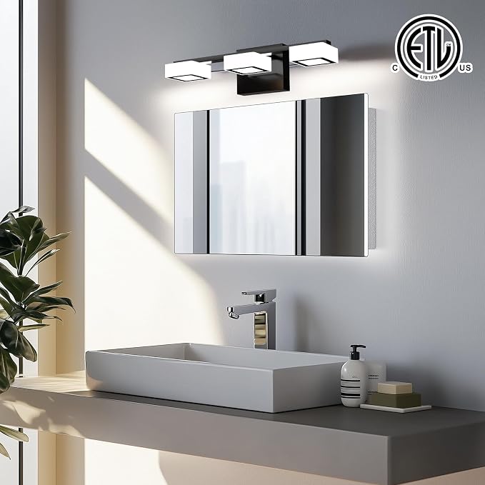 LED Modern Bathroom Light Fixtures, 3-Light Dimmable Vanity Lights with 5 Color Modes, Matte Black Acrylic Bathroom Wall Lighting Fixtures Over Mirror, 2700K- 6500K Adjustable, 18 Inch, ETL Listed