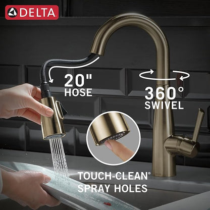 Delta Essa Brushed Gold Bar Sink Faucet with Pull Down Sprayer, Modern Single Hole Prep Sink Faucet, Single Handle, Champagne Bronze 9913-CZ-DST