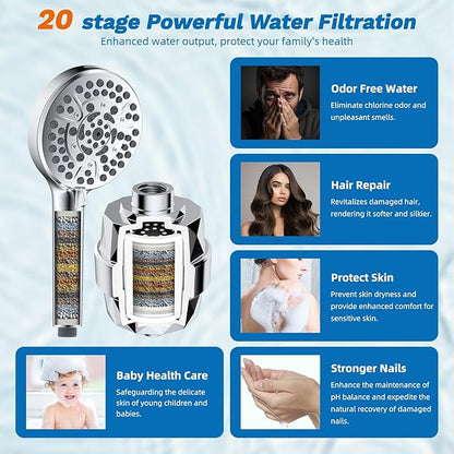 Hibbent 5-spray Dual Filtered Rainfall Shower Head with 10 Spray Handheld | High Pressure 13'' Showerhead Combo, Easy Reach 4-way Diverter Extension Arm with Pause Mode, 71'' Hose & Holder, Chrome
